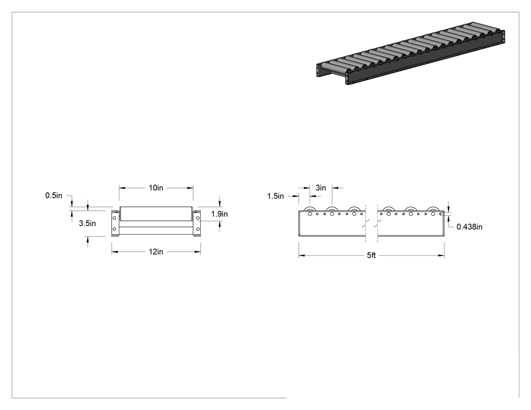 Teknik Çizim - Aşınmaya Dayanıklı Makaralı Konveyör, 12 inç Toplam Genişlik, 5 Fit Uzunluk