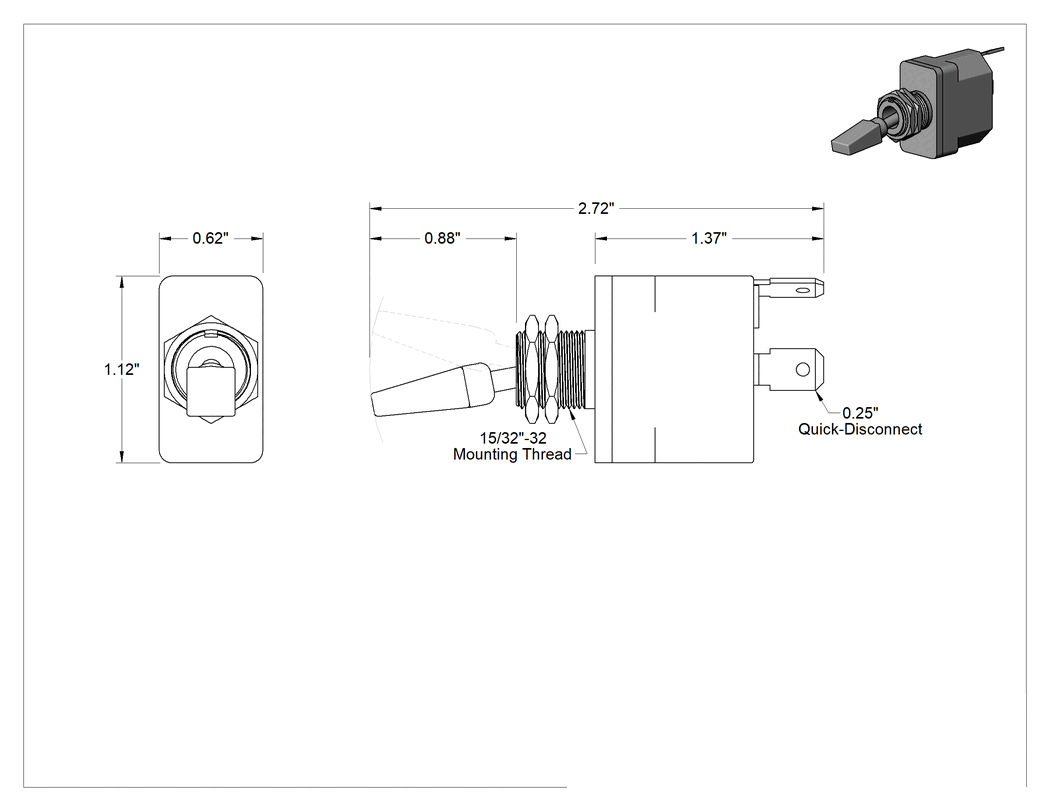 Teknik Çizim - Islak Ortam Toggle Anahtarı, 2 Konum, Düz Toggle, NEMA 4, Kalıcı Konumlu, SPST-NO