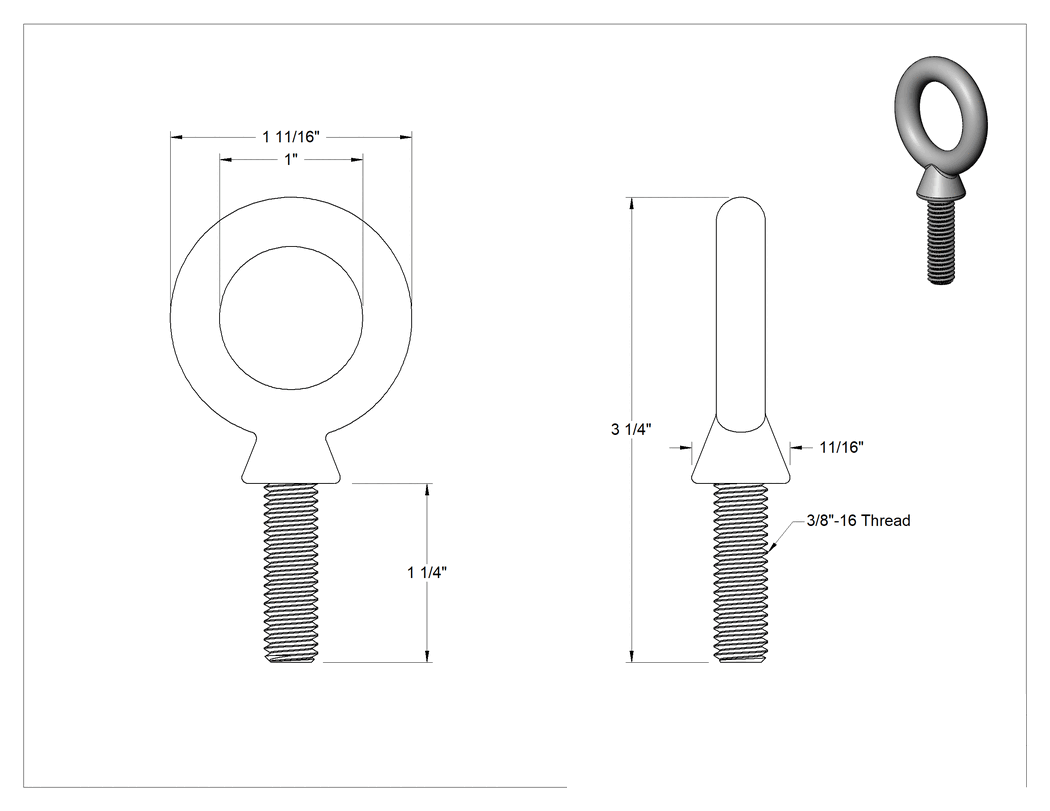 Teknik Çizim - Düşük Sıcaklıklı Halka Cıvata, Kaldırma için Omuzlu, 3/8"-16 Diş Boyutu