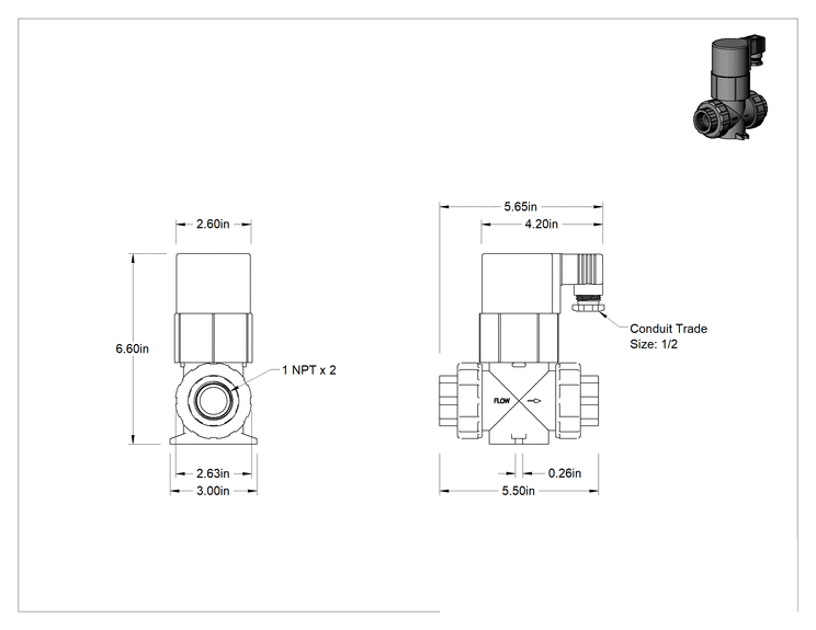 Teknik Çizim - Kimyasallar için Solenoid Açma/Kapama Valfi, Açık Gri CPVC Gövde, 1 NPT Dişi