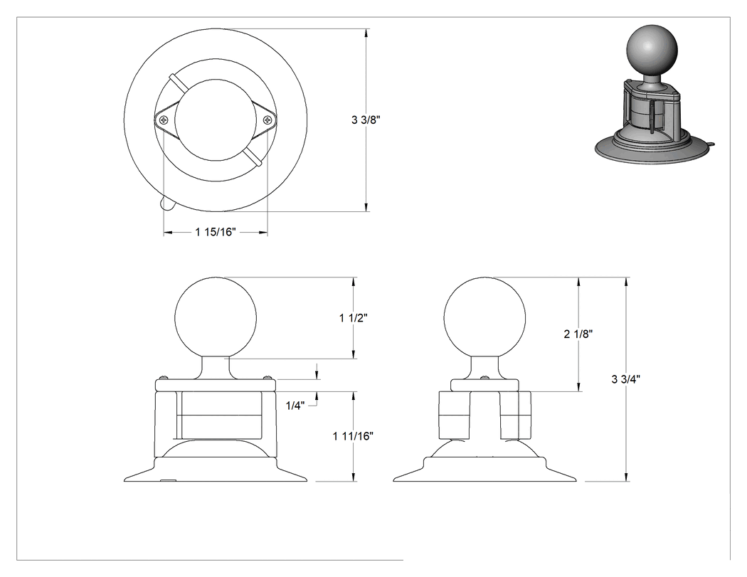 Teknik Çizim - 3-3/4" Yükseklik Emme Tabanı, Top Tutucu Konumlandırma Kolu için