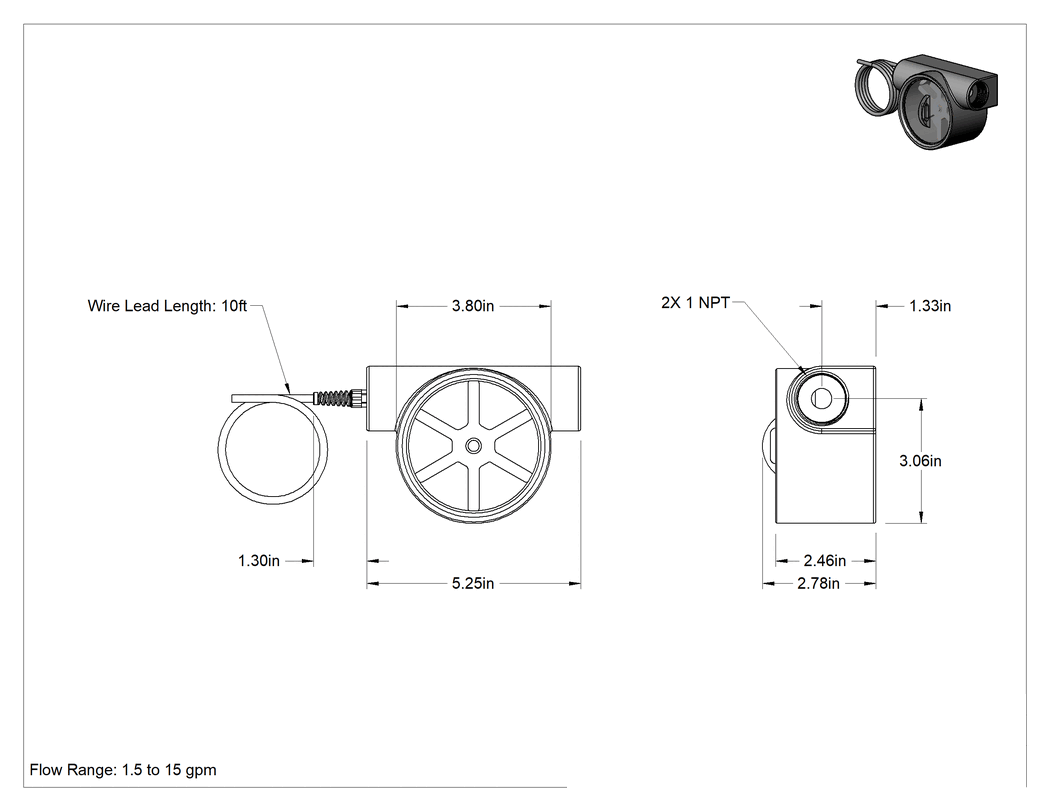 Teknik Çizim - Gözetleme Camlı Akış Transmitteri, 4-20 mA Analog Çıkış, 316 Paslanmaz Çelik, 1 NPT Dişi, 1.5-15 gpm