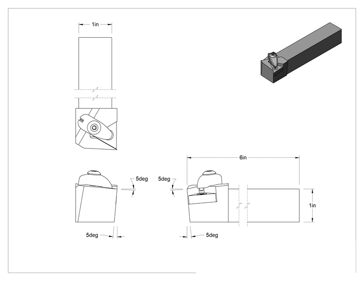 Teknik Çizim - Döner Karbür Uç Tutucu, Dtgn, Sağ Yönlü, 1/2" iç çaplı daire çapı için, 1" Şaft Genişliği