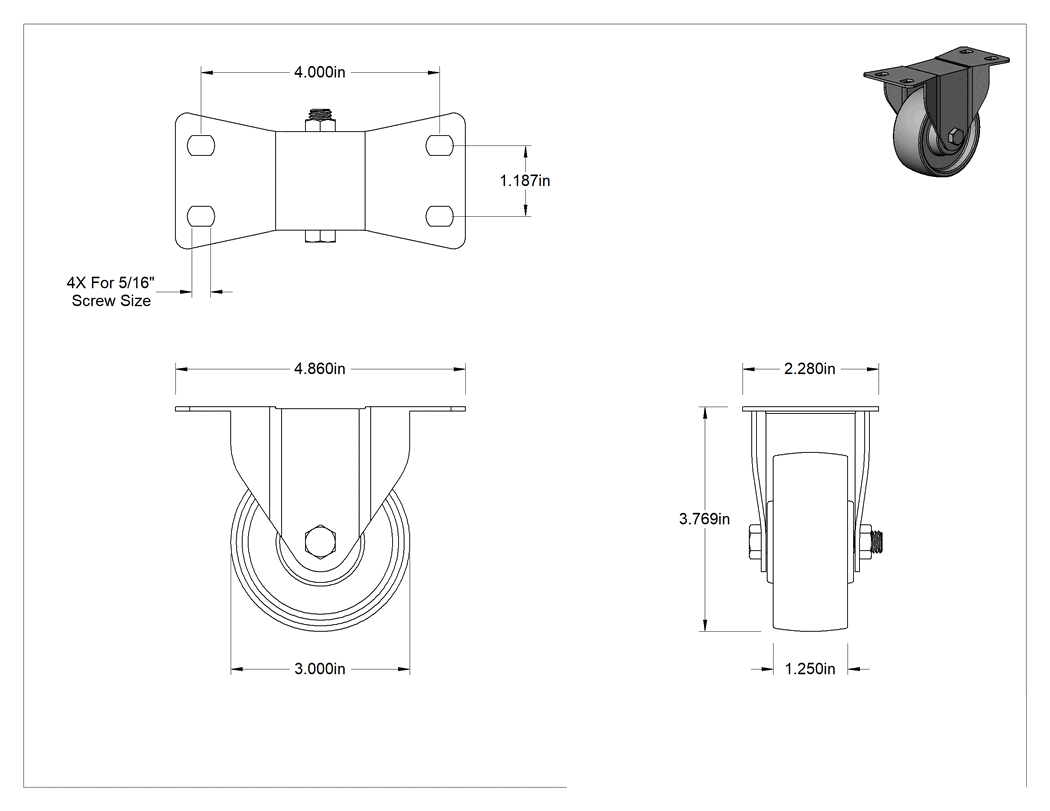 Teknik Çizim - Cart-Smart Tekerlek, 3 inç Çapında Gri Boyalı Metal Tekerlekli Sert