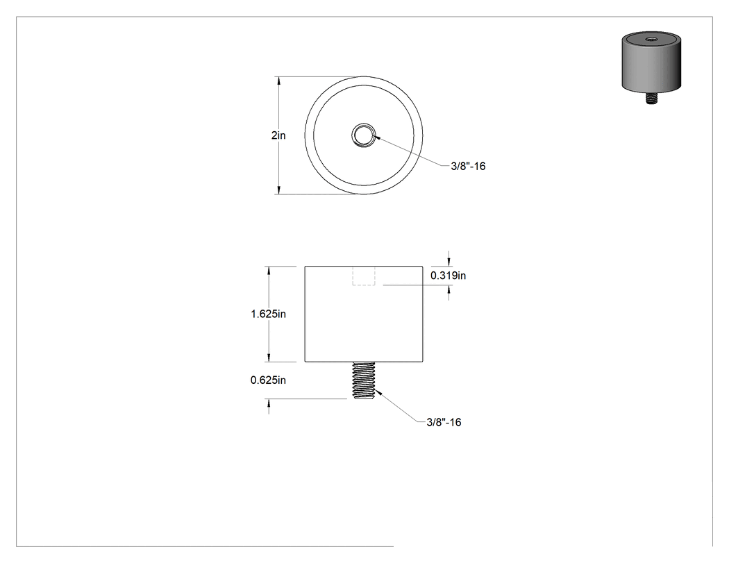 Teknik Çizim - Neopren Titreşim Sönümleyici Sandviç Montaj, 3/8"-16 Çelik Saplama ve Ek Parçalı, 500 lbs. Kapasite, 1-5/8" Yükseklik
