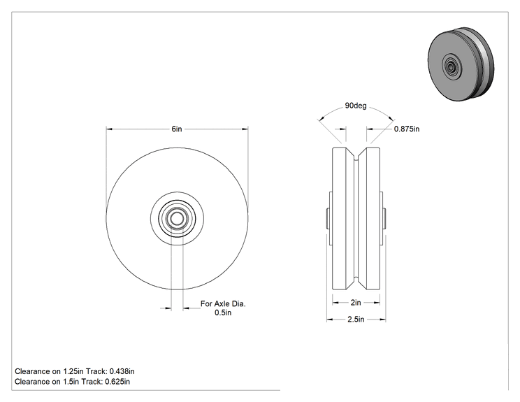Teknik Çizim - 303 Paslanmaz Çelik V-Oluklu Ray Tekerleği, 6" Çap x 2" Genişlik