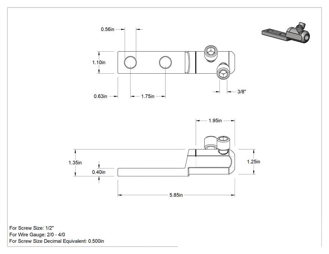 Teknik Çizim - Kurcalamaya Dayanıklı Setskur Pabucu, 1 Tel için 2 Delik, 2/0-4/0 AWG