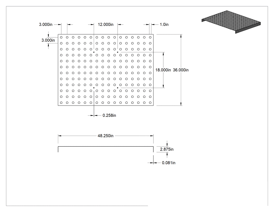 Teknik Çizim - 3" Top Aralığı Top Transfer Plakası için, 36" Uzunluk x 48" Genişlik Kapak