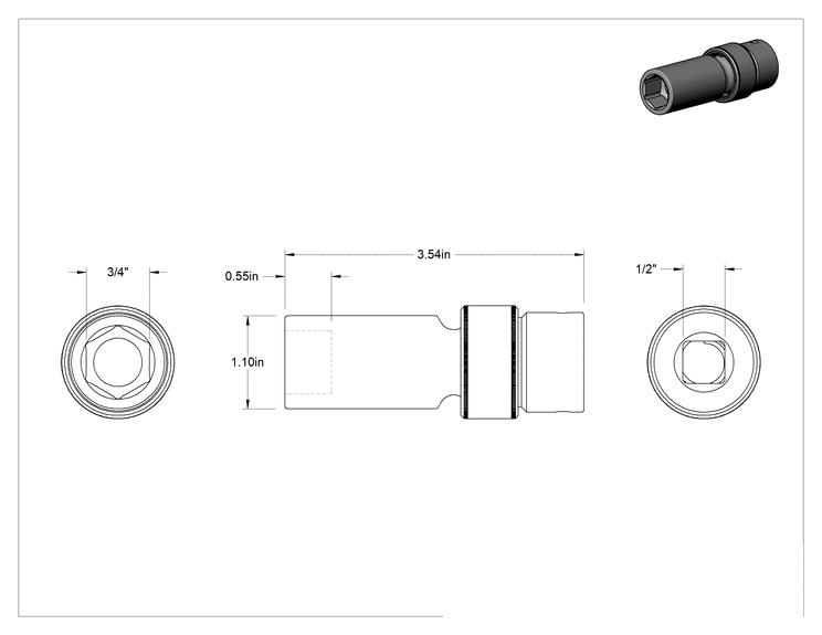 Teknik Çizim - 6 Uçlu Darbeli Soket, 1/2" Kare Tahrik, 3/4" Boyut, 3-9/16" Toplam Uzunluk