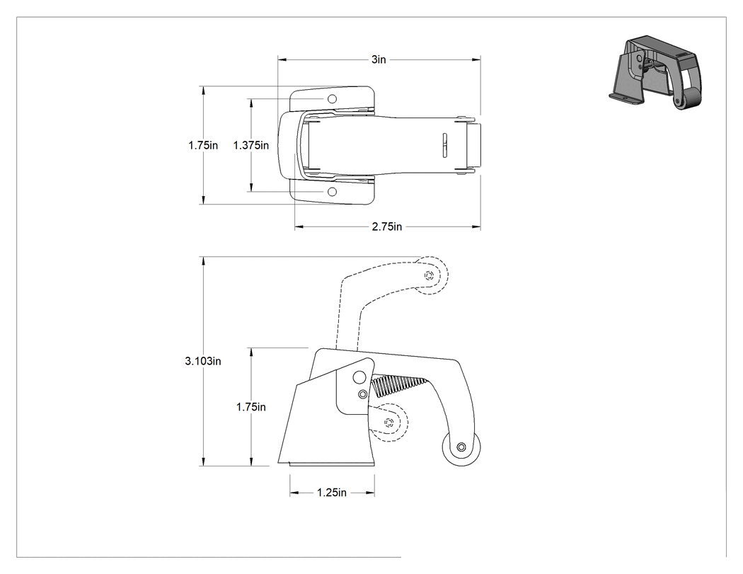 Teknik Çizim - Çıtçıtlı Kol Silindir Mandalı, 2-3/4" Kol Uzunluğu