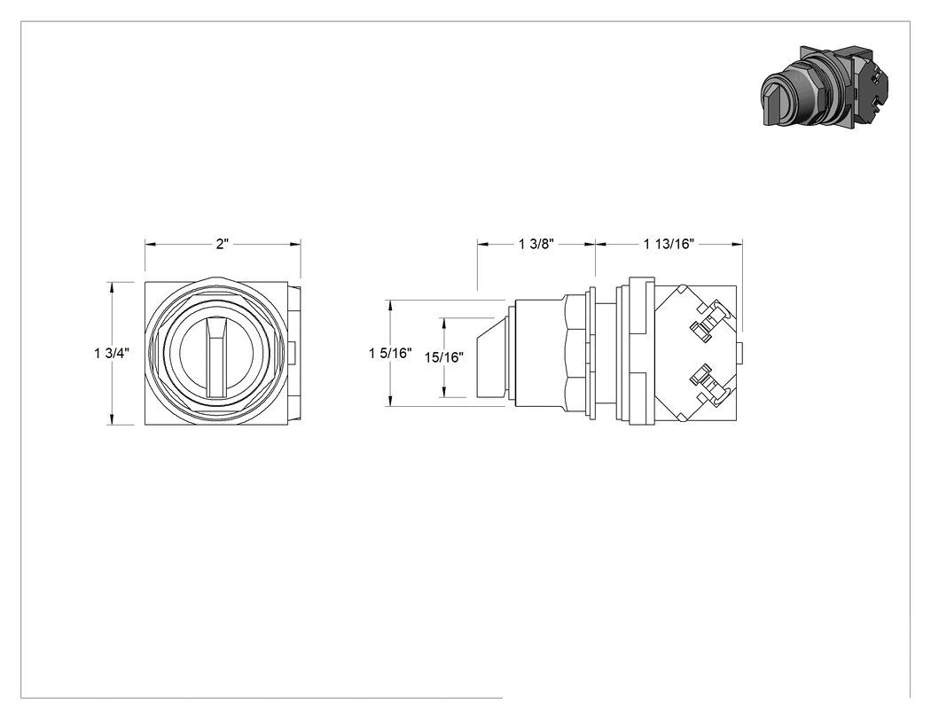 Teknik Çizim - 30 mm Panel Montajlı Anahtar, 15/16" Kol, 2 Konum, 1 Devre