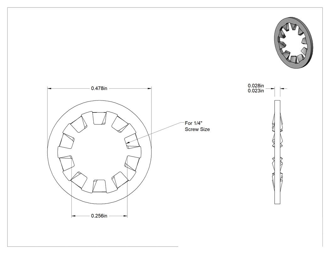 Teknik Çizim - Çinko Kaplı Çelik İç Tırtıllı Rondela, 1/4" Vida Boyutu için, 0.256" İç Çap, 0.478" Dış Çap