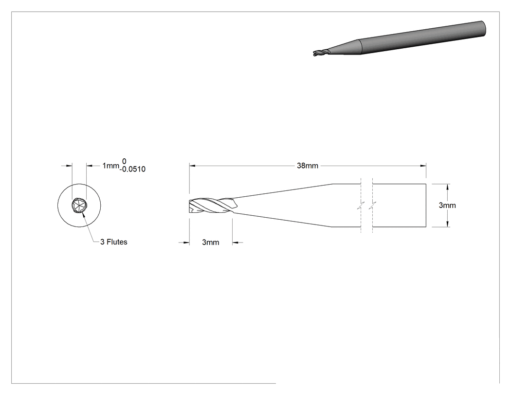 Teknik Çizim - Kaplamasız Karbür Kare 3 Kanallı Uçlu Freze, Minyatür, 1 mm Freze Çapı, 38 mm Toplam Uzunluk