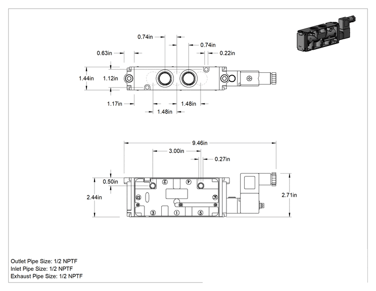 Teknik Çizim - Hava Yön Kontrol Vanası, Elektrikli, Tek Solenoid, 1/2 NPTF, 12V DC