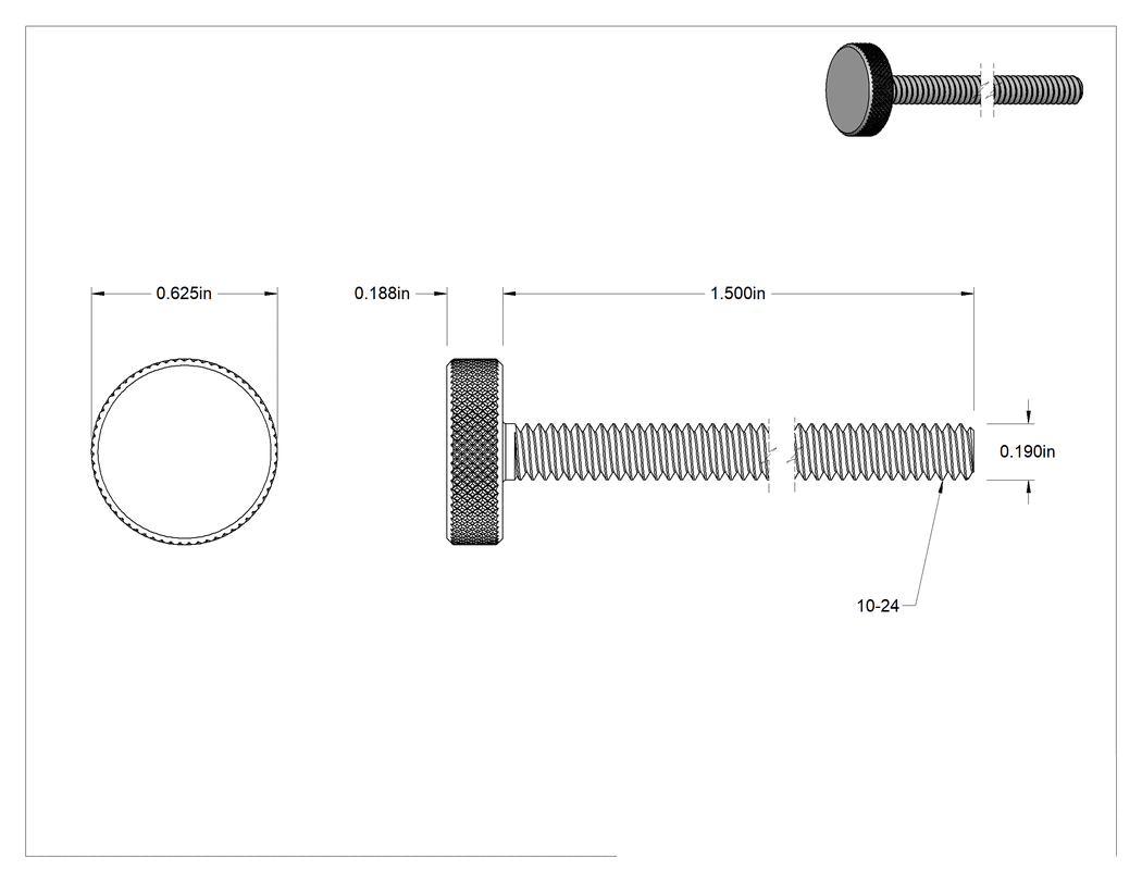 Teknik Çizim - Çelik Tırtıllı Başlı El Vidası, Düşük Profilli, 10-24 Diş Boyutu, 1-1/2" Uzunluk