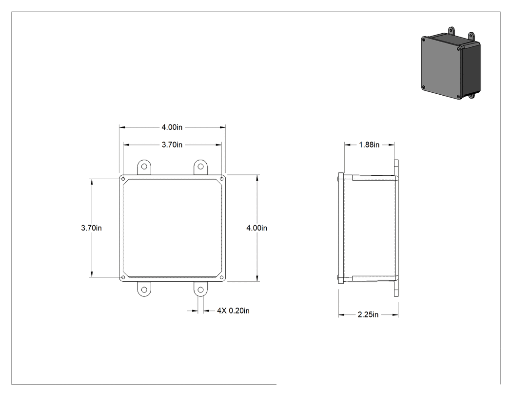 Teknik Çizim - Kaldırılabilir Kapaklı Su Geçirmez Muhafaza, PVC, 4 inç Genişlik x 4 inç Yükseklik x 2-1/4 inç Derinlik, Braket Montajı