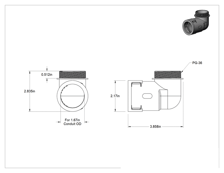 Teknik Çizim - Sürekli Esnek Plastik Kanal Bağlantı Parçası, 90 Derece, 1.67" dış çaplı geçmeli dişi x PG-36 PG erkek