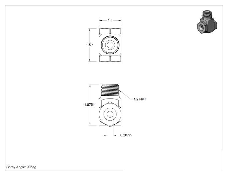 Teknik Çizim - Dik Açı Tam Konik Püskürtme Nozulu, 1/2 NPT Erkek, 20 PSI'da 4.3 gpm