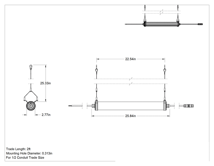Teknik Çizim - Dahili LED'li Yıkanabilir Tavan Işığı, ABD Dışında Üretilmiştir, 25-7/8" Toplam Uzunluk, 2700 lümen