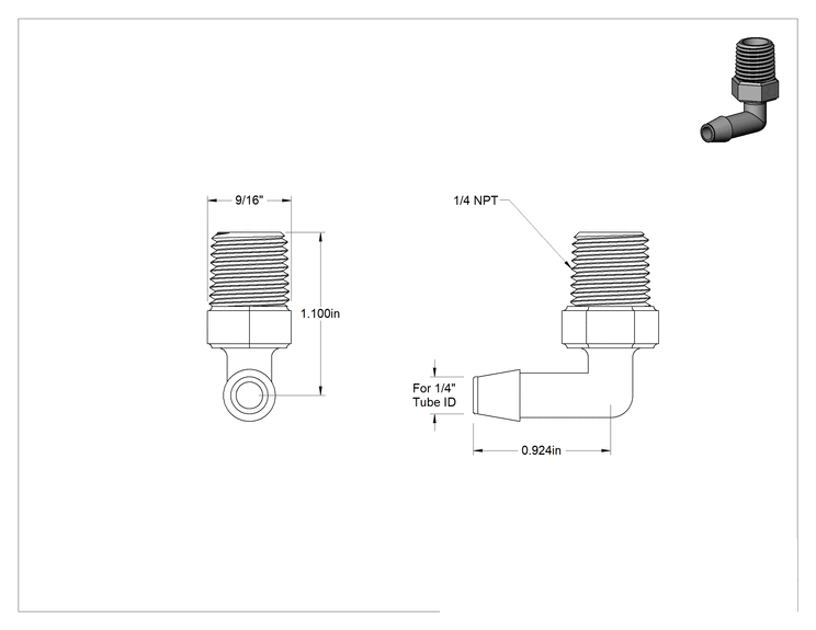 Teknik Çizim - Gıda ve İçecek için Plastik Tırnaklı Boru Bağlantı Elemanı, Dirsek adaptörü, 1/4" Boru İç Çapı x 1/4 NPT Erkek için