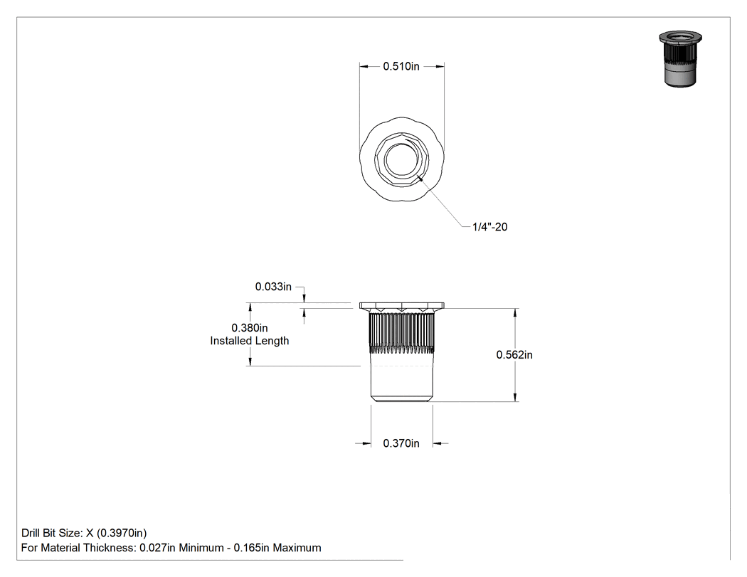 Teknik Çizim - Yumuşak Malzemeler için Bükülmeye Dayanıklı Perçin Somunları, Sarı Kromat Kaplamalı Çelik, 1/4"-20 Diş Boyutu