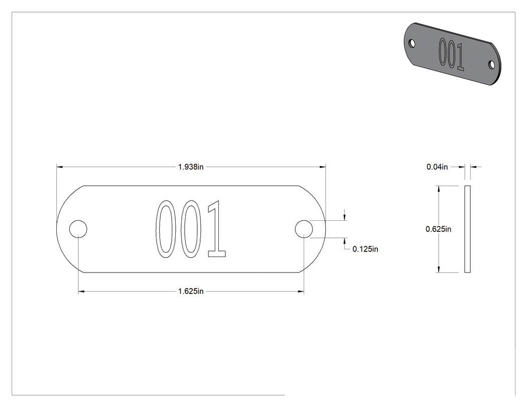 Teknik Çizim - Sıralı Numaralı Plakalar, 304 Paslanmaz Çelik Dikdörtgen, 5/8" x 1-15/16", Karakterler 001-010