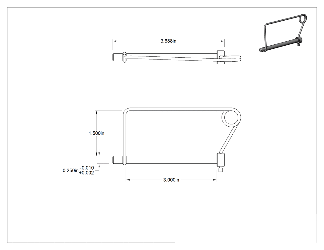 Teknik Çizim - Kare Tel Tutuculu ve Kancalı Çatal Pimi, 1004-1045 Karbon Çelik, 1/4" Çap, 3" Kullanılabilir Uzunluk