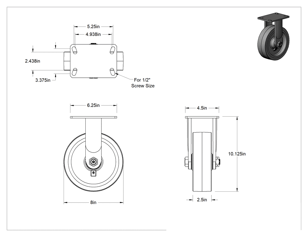 Teknik Çizim - 6-1/4" x 4-1/2" Plakalı Viking Tekerlek, 8 inç Çapında Poliüretan Tekerlekli Sabit