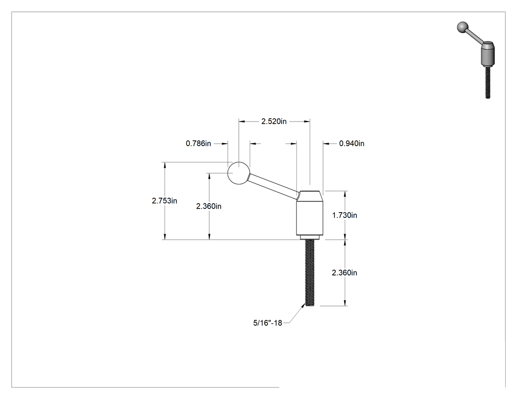 Teknik Çizim - Çelik Ayarlanabilir Tutamak, 5/16"-18 Dişli 2-3/8" Uzunlukta Saplama, 2-3/4" Çıkıntı