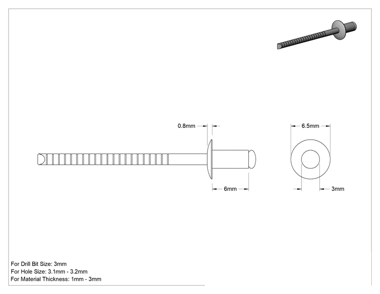 Teknik Çizim - 18-8 Paslanmaz Çelik Pop Perçinler, Kubbeli Başlık, 3 mm Çap, 1 mm-3 mm Malzeme Kalınlığı için