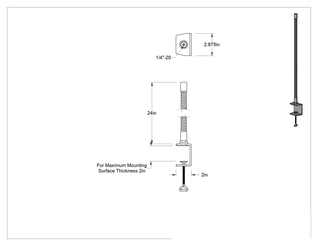 Teknik Çizim - Her Yönde Konumlandırma Kolu, Kelepçeli Taban 1/4"-20 Bağlantı Parçalı, 24 inç Maksimum Çıkıntı