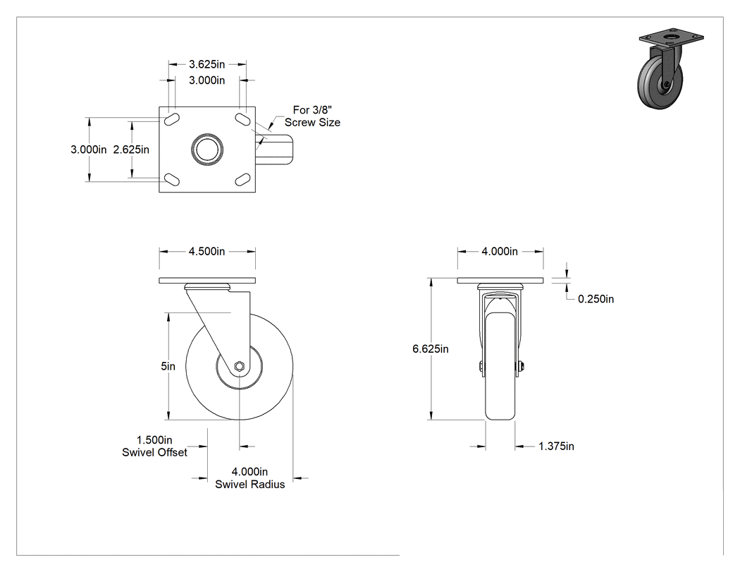 Teknik Çizim - 4-1/2" x 4" Plakalı Parlak Yüzeyli Tekerlek, 5" Çapında Kauçuk Tekerlekli Döner Tekerlek
