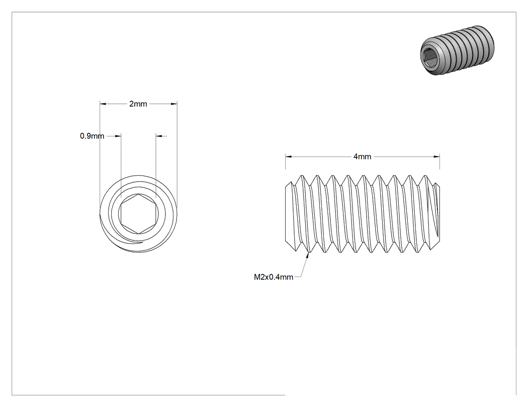 Teknik Çizim - Paslanmaz Çelik Düz Uçlu Setskur, Siyah Oksit 18-8, M2 x 0.40 mm Diş, 4 mm Uzunluk