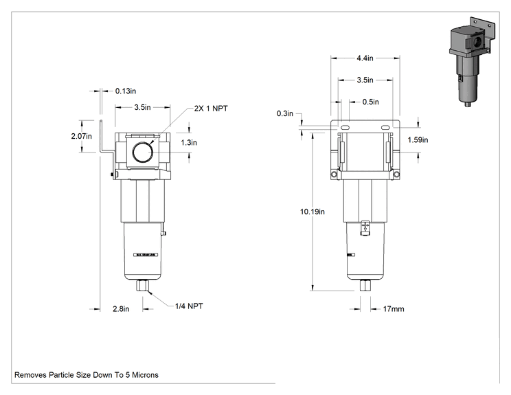 Teknik Çizim - Temiz Oda Basınçlı Hava Filtresi, 1 NPT Dişi Giriş ve Çıkış