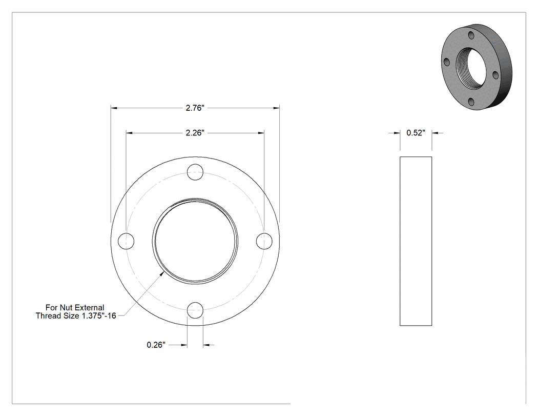 Teknik Çizim - Hassas Acme Flanş, 1117 Karbon Çelik, 1-3/8"-16 Diş Boyutu