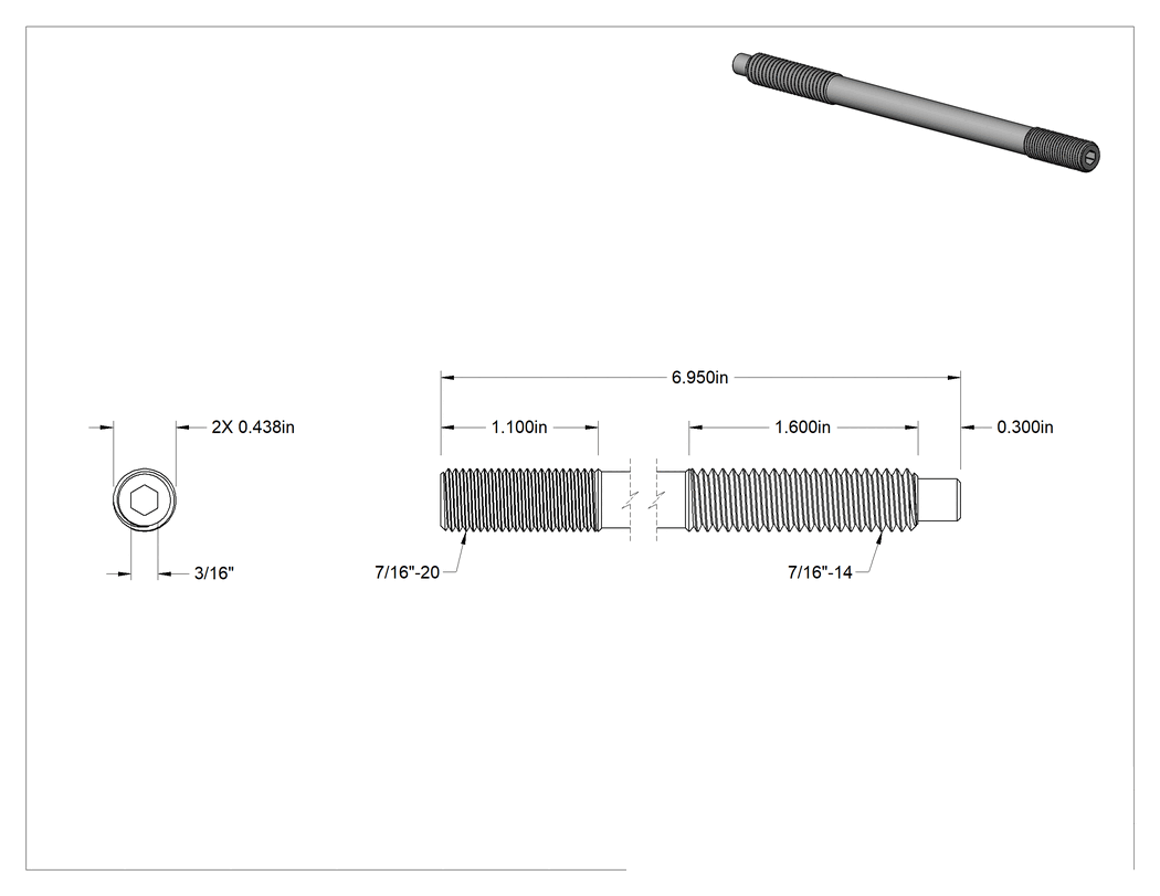 Teknik Çizim - Altıgen Tahrikli Dişli Adaptörü, Dişsiz Uçlu, 7/16"-14 Dişten 7/16"-20 Dişe, 7" Uzunluk
