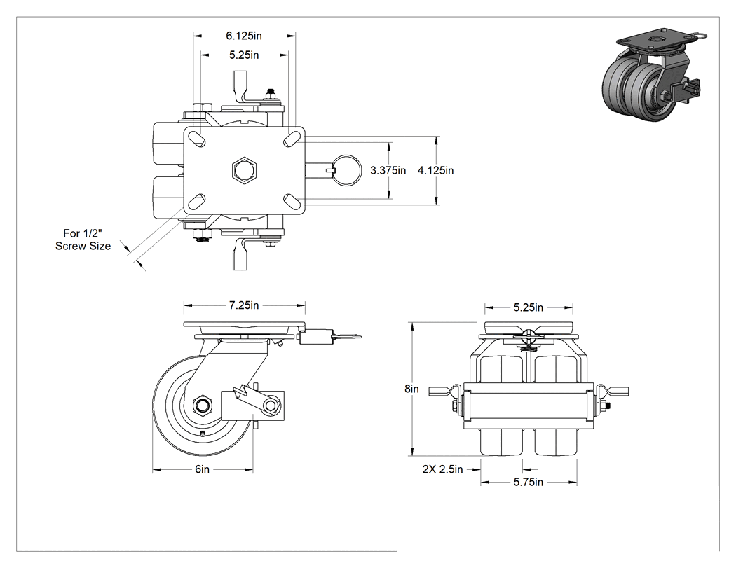 Teknik Çizim - 7-1/4" x 5-1/4" Plakalı Stronghart Tekerlek, Ekstra Yüksek Kapasiteli, Kilitli Döner Ayak ve 6 inç Çapında Fenolik Tekerlek