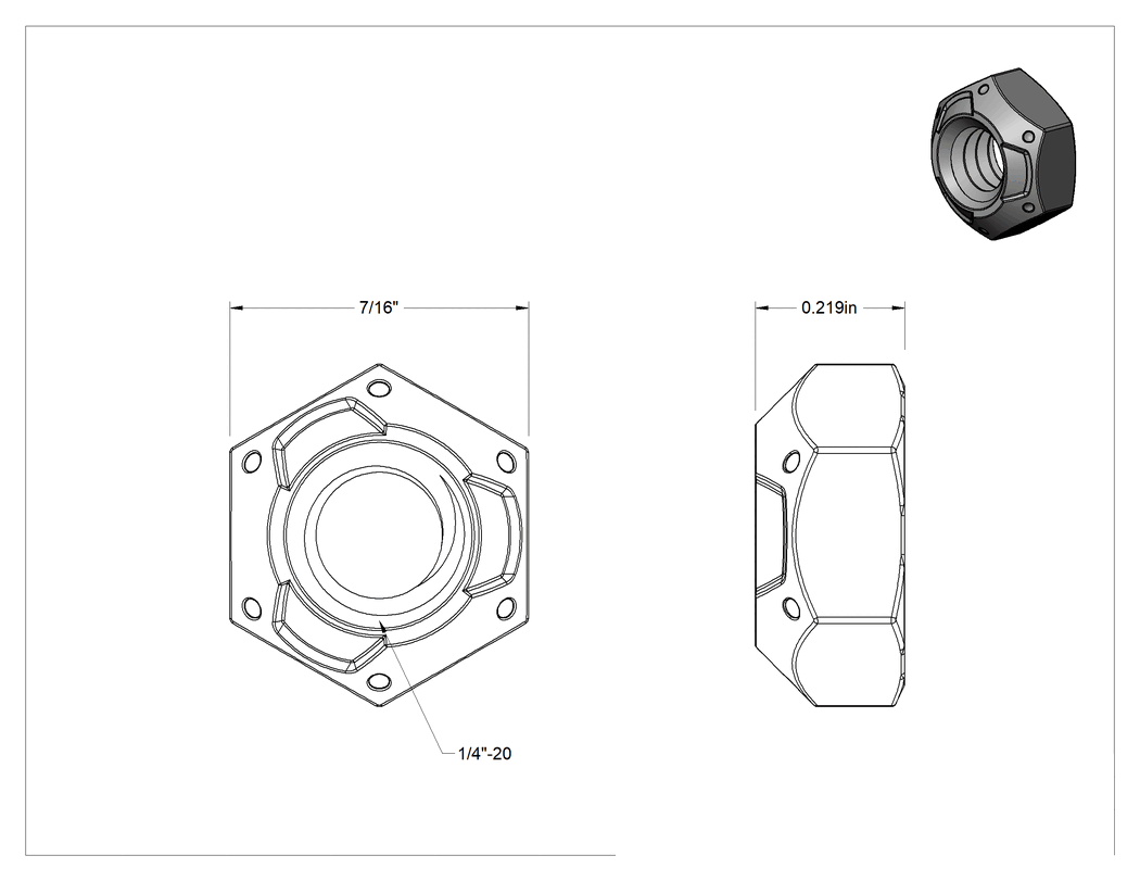 Teknik Çizim - Top-Lock Deforme Edilmiş Dişli Kilit Somunu, Siyah Oksit Yüksek Mukavemetli C Sınıfı Çelik, 1/4"-20 Diş Boyutu