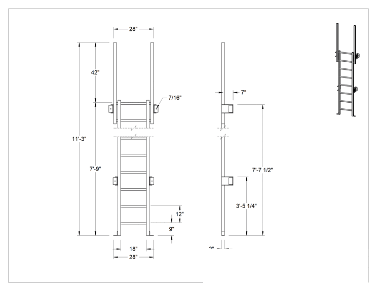 Teknik Çizim - Fiberglas Duvara Monte Merdiven, Tutma Direkli, 7'9" Maksimum Tırmanma Yüksekliği