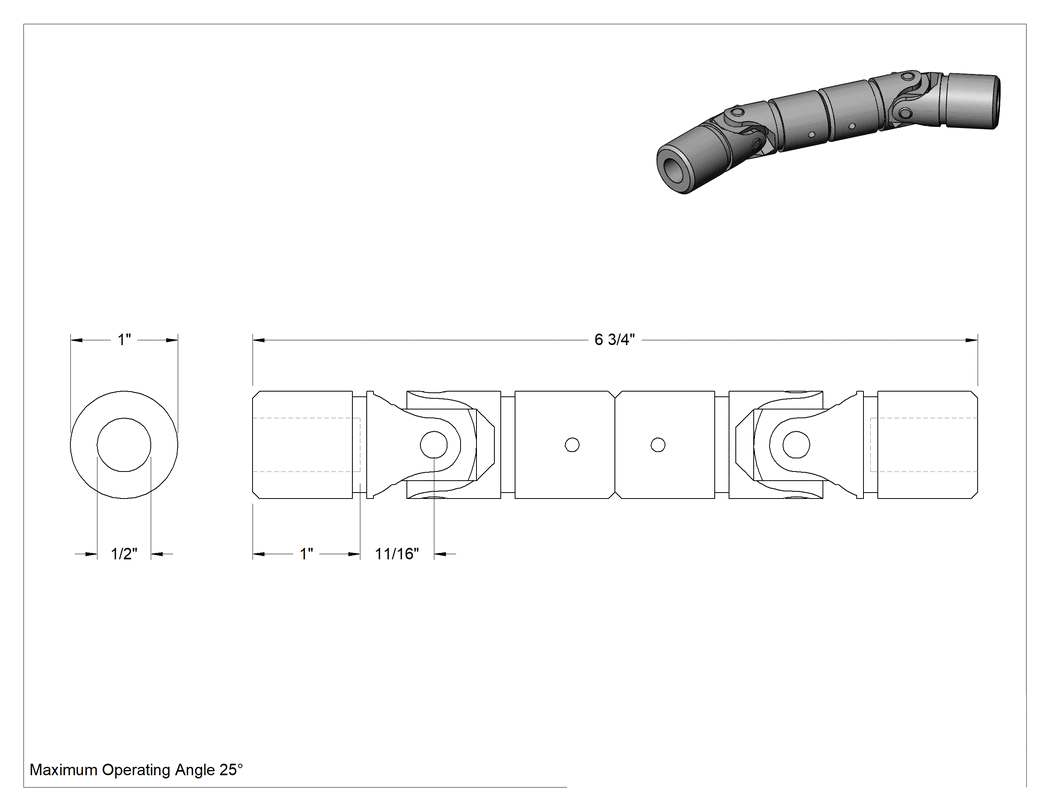 Teknik Çizim - Çift U-Mafsal, 1/2" Çap x 1" Derinlikte Şaft için