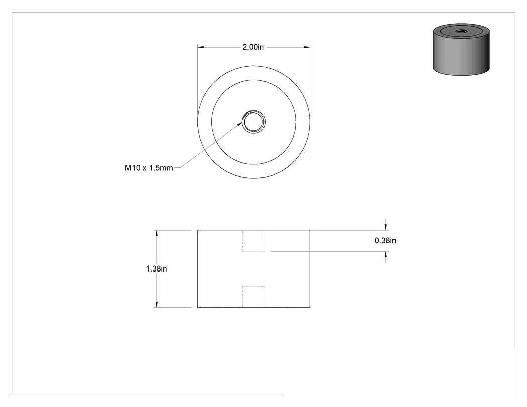 Teknik Çizim - Neopren Titreşim Sönümleyici Sandviç Montaj, M10 x 1.5 mm Dişli Çelik Ek Parça, 190 lbs. Kapasite