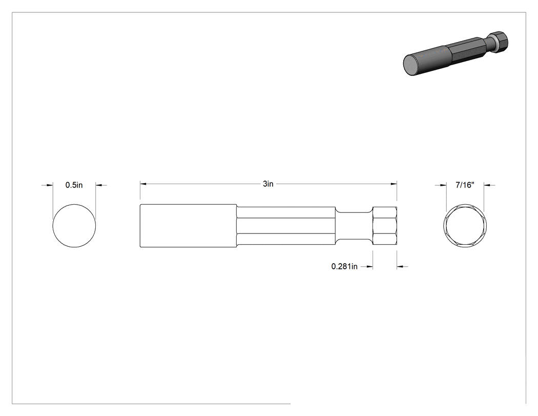 Teknik Çizim - Hızlı Değiştirilebilir Keski Çekiçleri için Keski Ucu, 7/16" Sekizgen Şaft, 1/2" Genişlikte Boş Bıçak