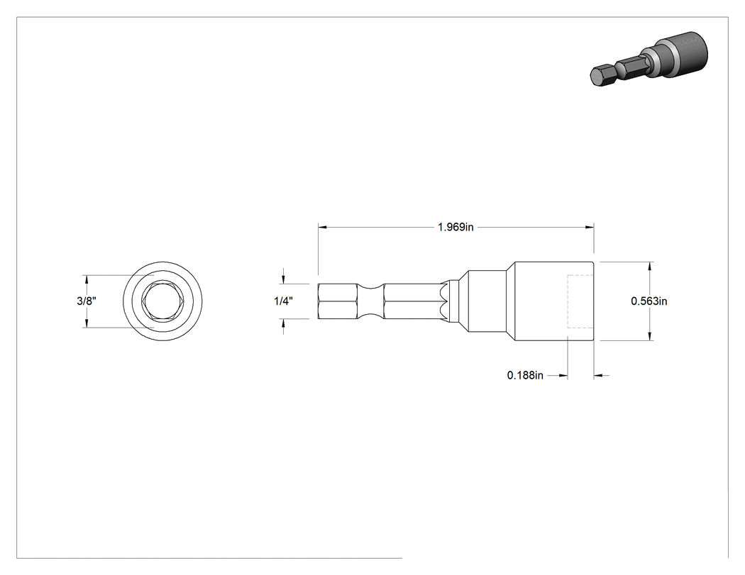 Teknik Çizim - Ekstra Kavramalı 3/8" Somun Sökücü Ucu, 1-7/8" Toplam Uzunluk