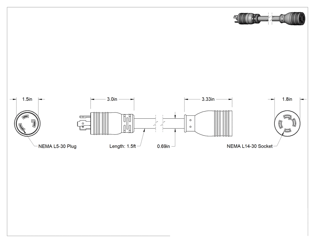 Teknik Çizim - NEMA L5-30 Fiş x NEMA L14-30 Priz Adaptörü