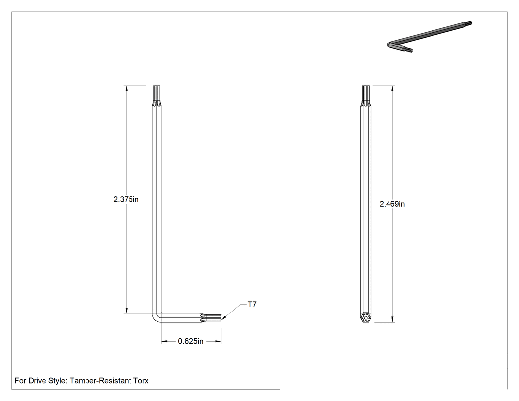 Teknik Çizim - Alaşımlı Çelik Kurcalamaya Dayanıklı Torx L Anahtarı, Siyah Fosfat Kaplamalı, T7 Uç Boyutu, 2-1/2" Toplam Uzunluk