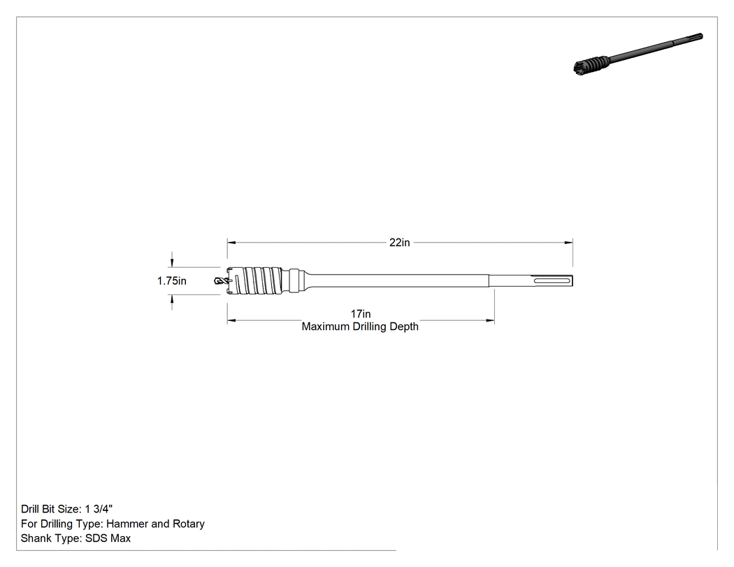 Teknik Çizim - SDS-Max Şaftlı Karbür Uçlu Delik Matkabı, Duvar ve Beton için, 1-3/4" Boyut, 22" Toplam Uzunluk