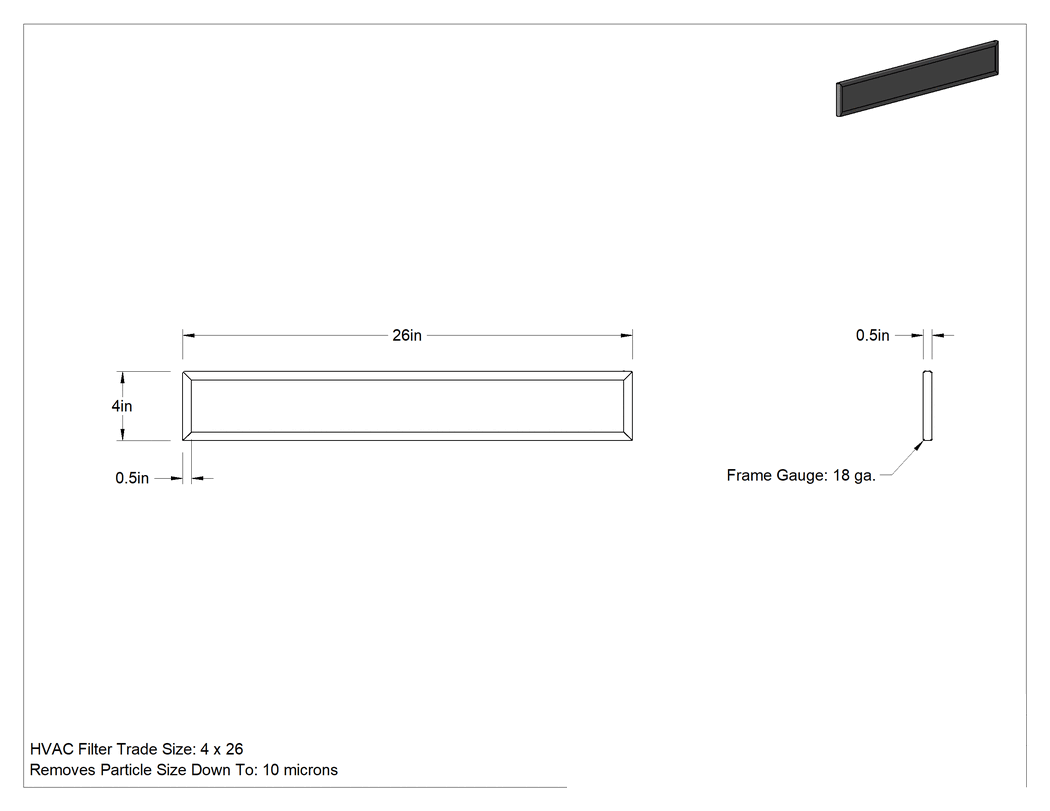 Teknik Çizim - Uzun Ömürlü Yeniden Kullanılabilir Hasır Panel Hava Filtresi, 1/2" Kalınlık, 4 x 26 HVAC Filtre Anma Ölçüsü