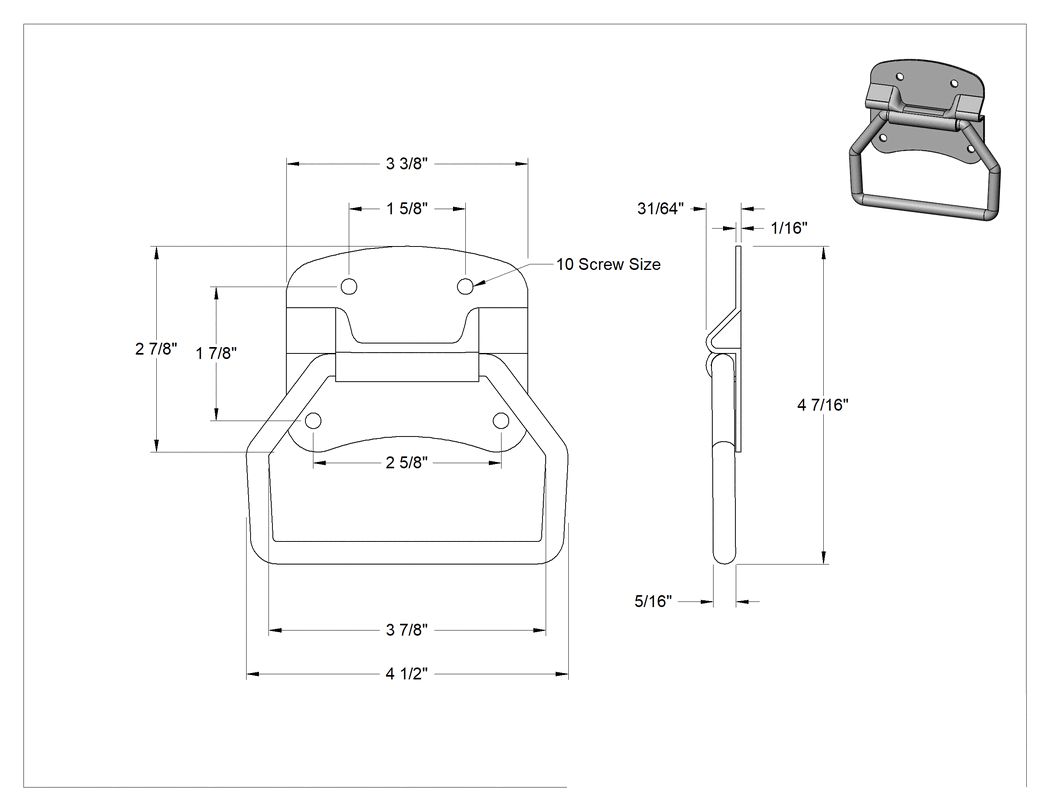 Teknik Çizim - Montaj Plakalı Yuvarlak Tutamaklı Katlanır Çekme Kolu, Dişsiz Delik, Nikel Kaplı Çelik, 3-7/8" Tutamak Genişliği