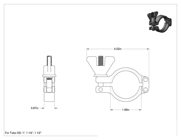 Teknik Çizim - Yüksek Parlaklıkta Metal Hijyenik Boru Bağlantısı için Kelepçe, 316 Paslanmaz Çelik, Güvenlik Kelebek Somun, 1" için, 1.25" ve 1.5" Boru Dış Çapı
