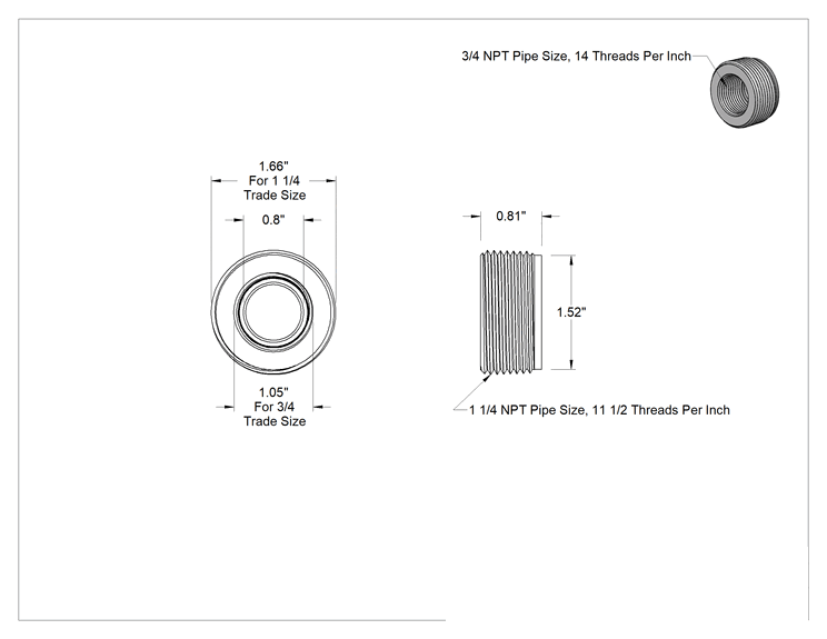 Teknik Çizim - 1-1/4 NPT Erkek x 3/4 NPT Dişi Sert Alüminyum Kanal için Burç